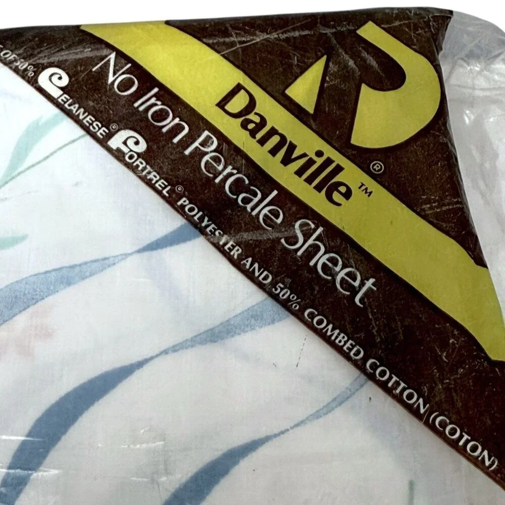 Vintage Fitted Sheet Full Size Blue Bow Floral by Danville No Iron Percale